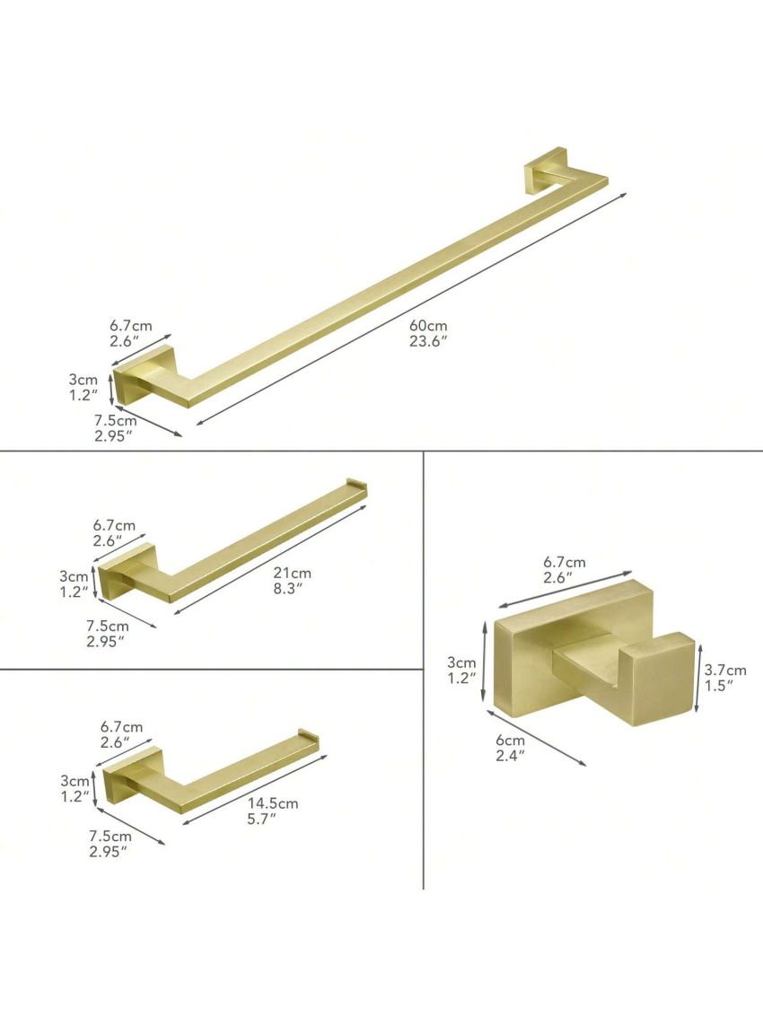BESy 4pcs/set Stainless Steel Bathroom Accessories Set (Towel Bar, Hand Towel Holder Towel Rack, Toilet Paper Holder, Towel Hook), Wall Mounted Towel Hanger Bathroom Hardware Fixtures Set