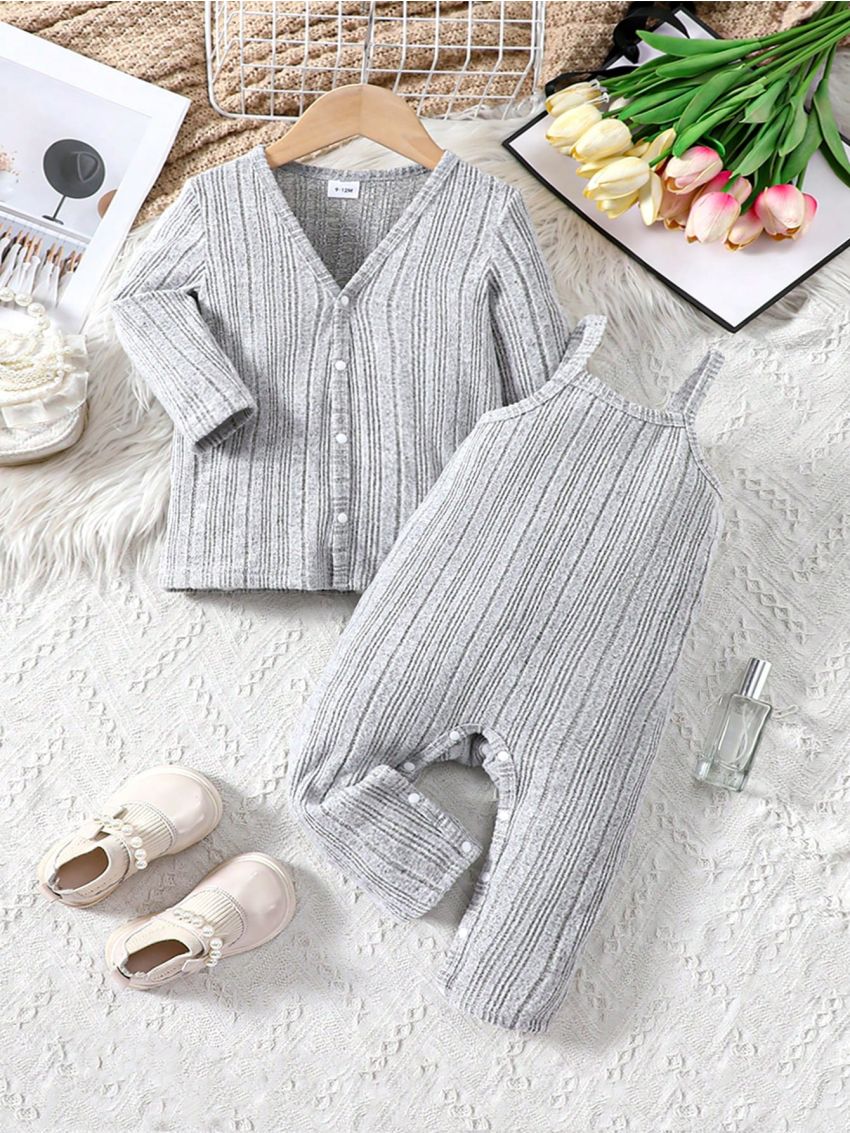 Baby Girls' Button-Up Coat And Romper Jumpsuit Set With Shoulder Straps