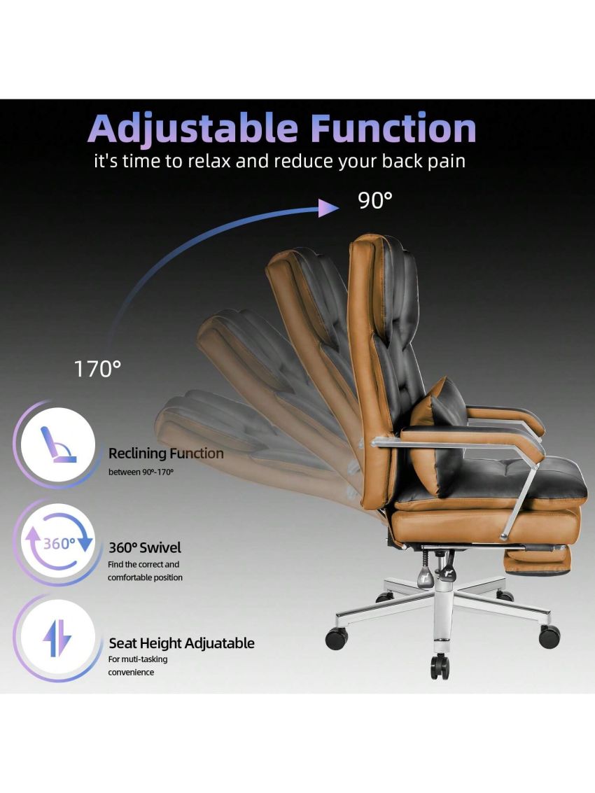 SeekFancy Reclining Office Chair with Footrest O203, Big and Tall Office Chair 500lbs Wide Seat with 170° Backrest, Black Pu Leather Managerial Desk Chair, High Back Large Executive Office Chair