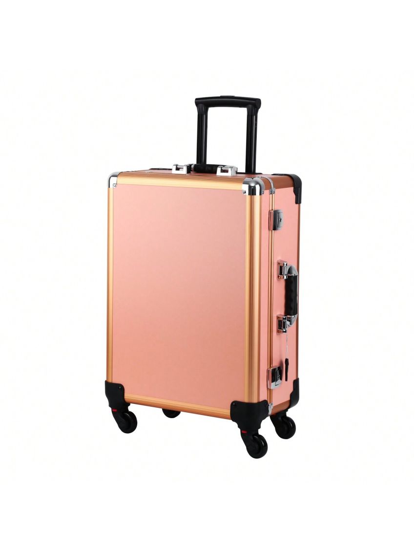 LED Makeup Case Cosmetic Train Table W/6 LED Lights & Rolling Wheels & Mirror