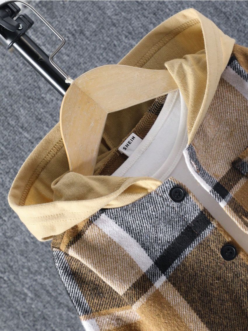 SHEIN Kids EVRYDAY Toddler Boys' Casual Grid Hooded Jacket