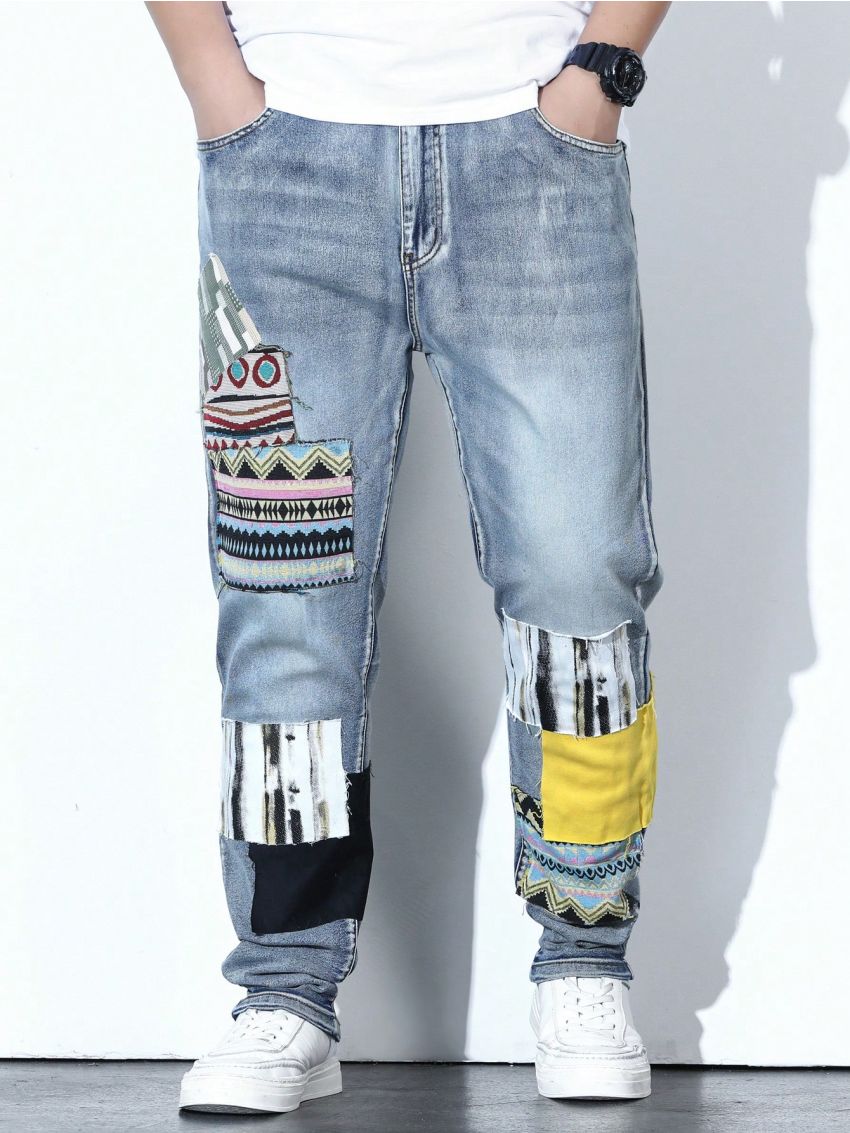 Men Plus Geo Print Cat Whisker Straight Leg Jeans