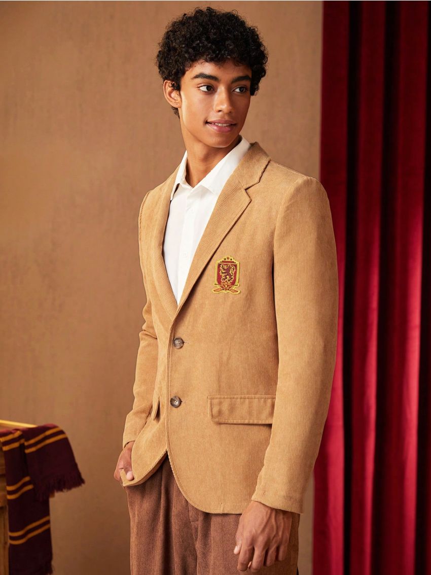 HARRY POTTER X SHEIN Men Letter Patched Flap Detail Corduroy Blazer