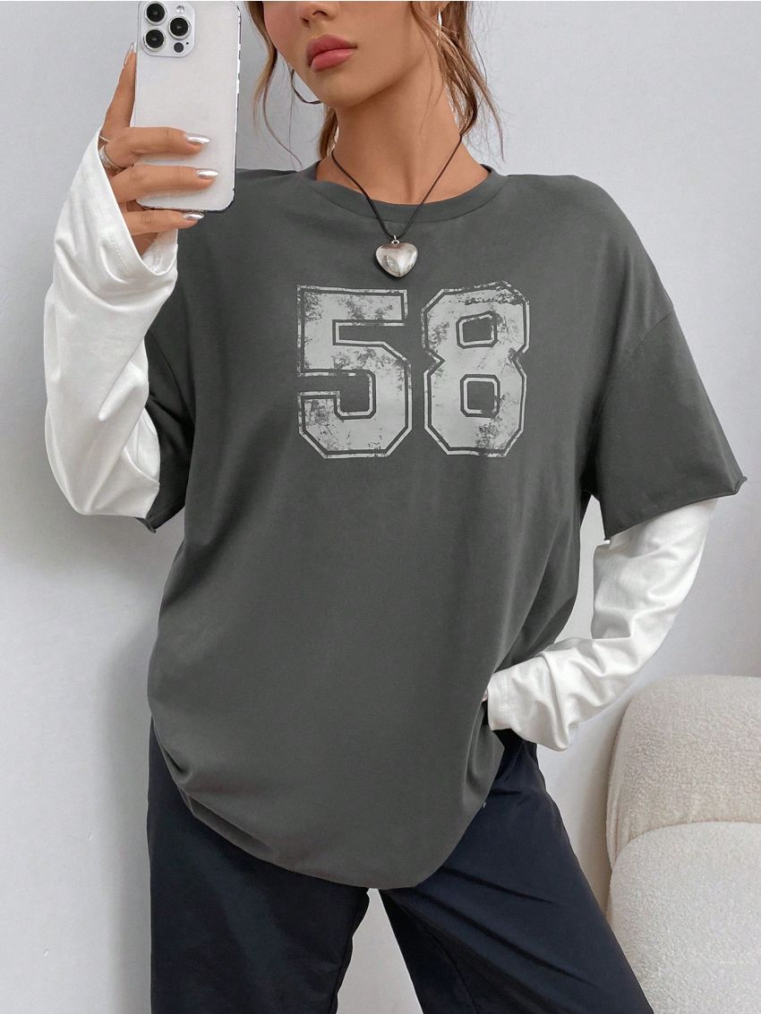 SHEIN EZwear Letter Graphic Drop Shoulder 2 In 1 Tee