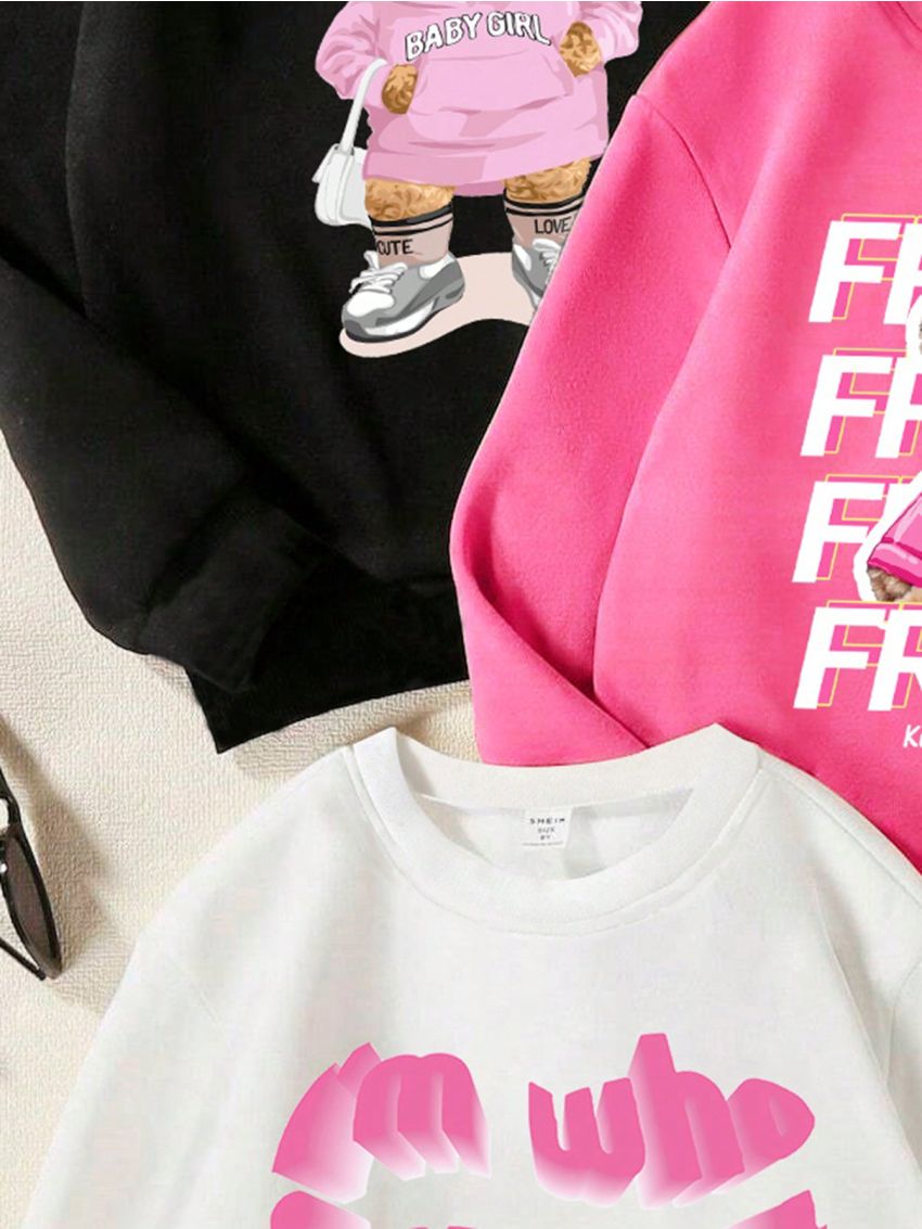 Little Girls' Bear & Letter Print Round Neck Fleece Sweatshirt