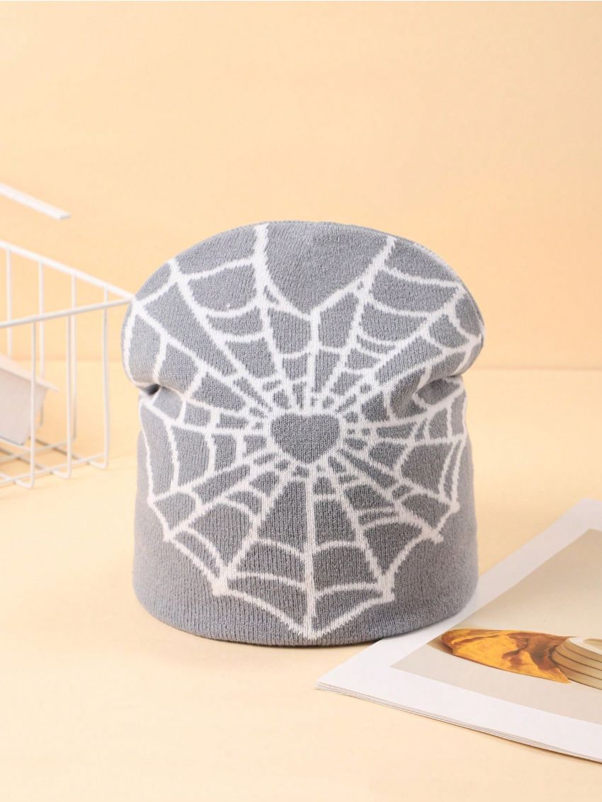 Rat Studio Y2k Fashion Heart Shaped Spider Web Pattern Men's Knitted Hat