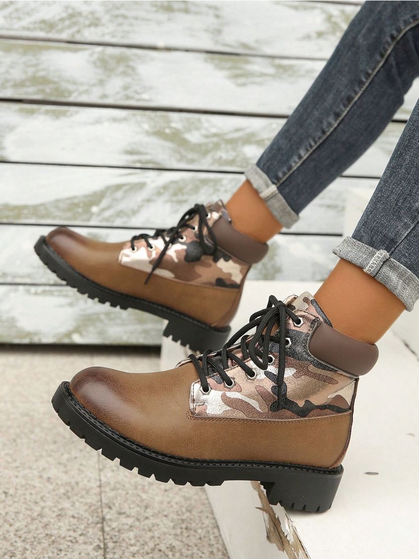 Random Color Distressed Side Leopard Print Patchwork Lace-up Chunky Heel Fashionable Women's Boots