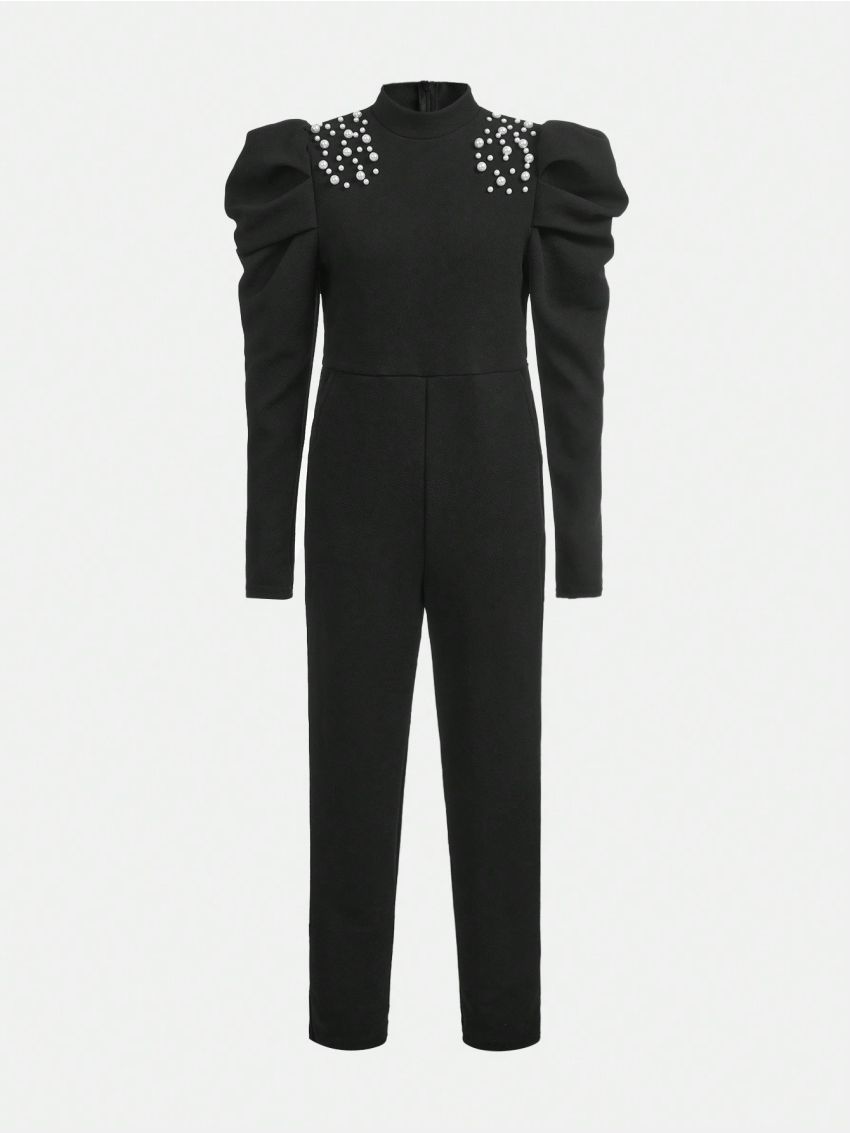 SHEIN Tween Girl Pearls Beaded Gigot Sleeve Mock Neckline Jumpsuit