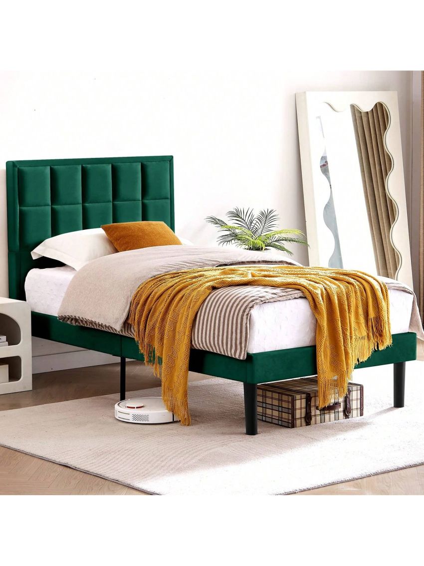 Flolinda Twin Bed Frame with Velvet Upholstered Headboard Modern Twin Platform Bed Frame for Girls and Boys No Box Spring Needed, Easy Assembly, Green