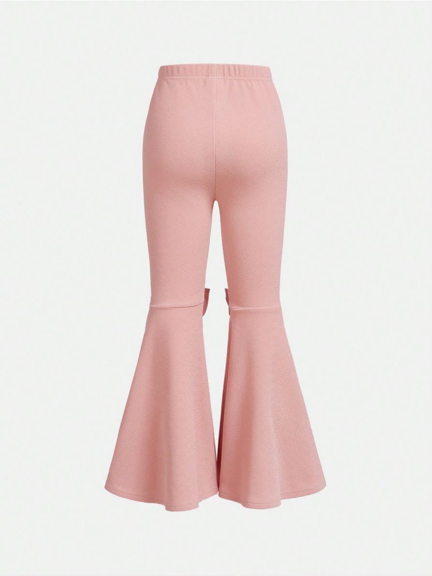 SHEIN Kids FANZEY Tween Girls' Solid Color Skinny Flared Pants With Bowknot