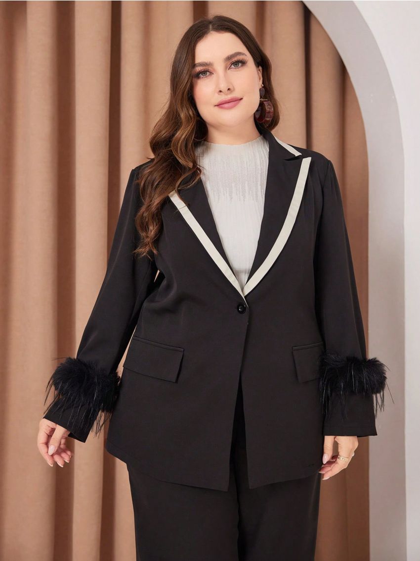 Plus Size Fuzzy Trim Contrast Trim Single-button Blazer And Trousers Set