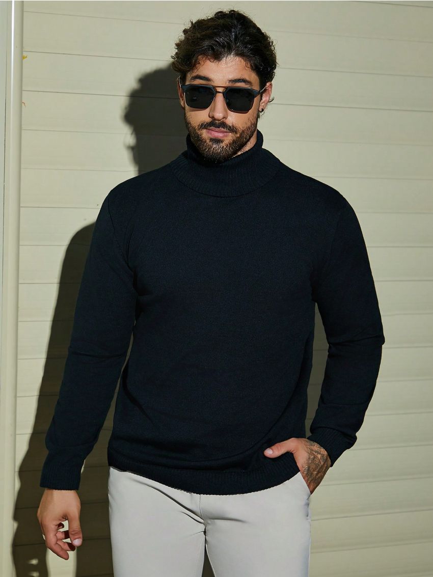 Extended Sizes Men's High Neck Solid Color Plus Size Sweater