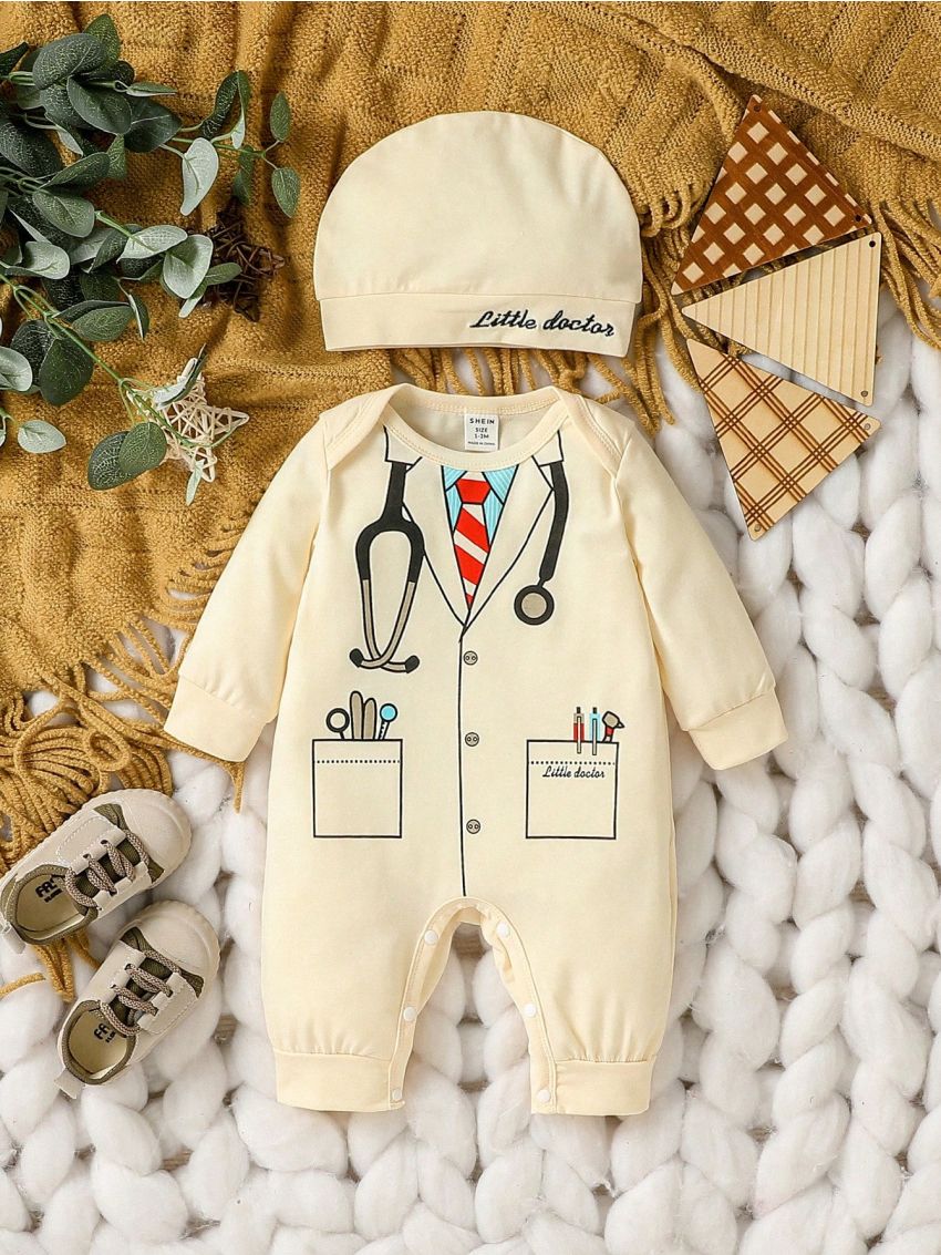 SHEIN Baby Boys' Cosplay Doctor Printed Long Sleeve Romper With Cap, Daily & Party Outfits For Autumn