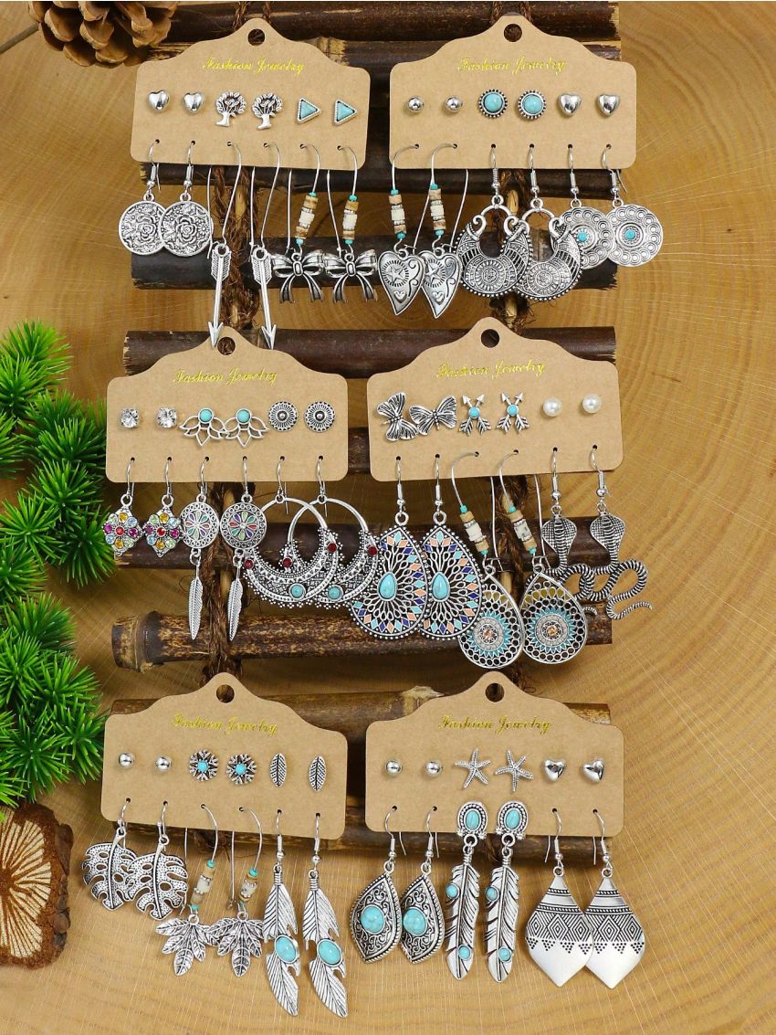 36pairs Bohemian Style Geometric Shape Multicolor Beaded Zinc Alloy Drop Earrings Set For Women