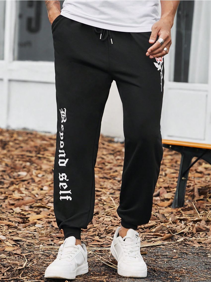 Extended Sizes Men Plus Letter Graphic Drawstring Waist Sweatpants