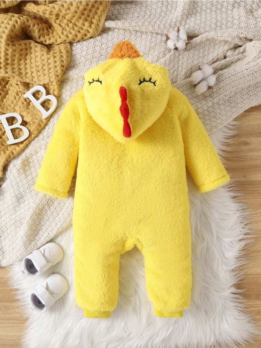 SHEIN Infant Boys' Cute Embroidered Duck Long Sleeve Plush Costume Winter Outfit