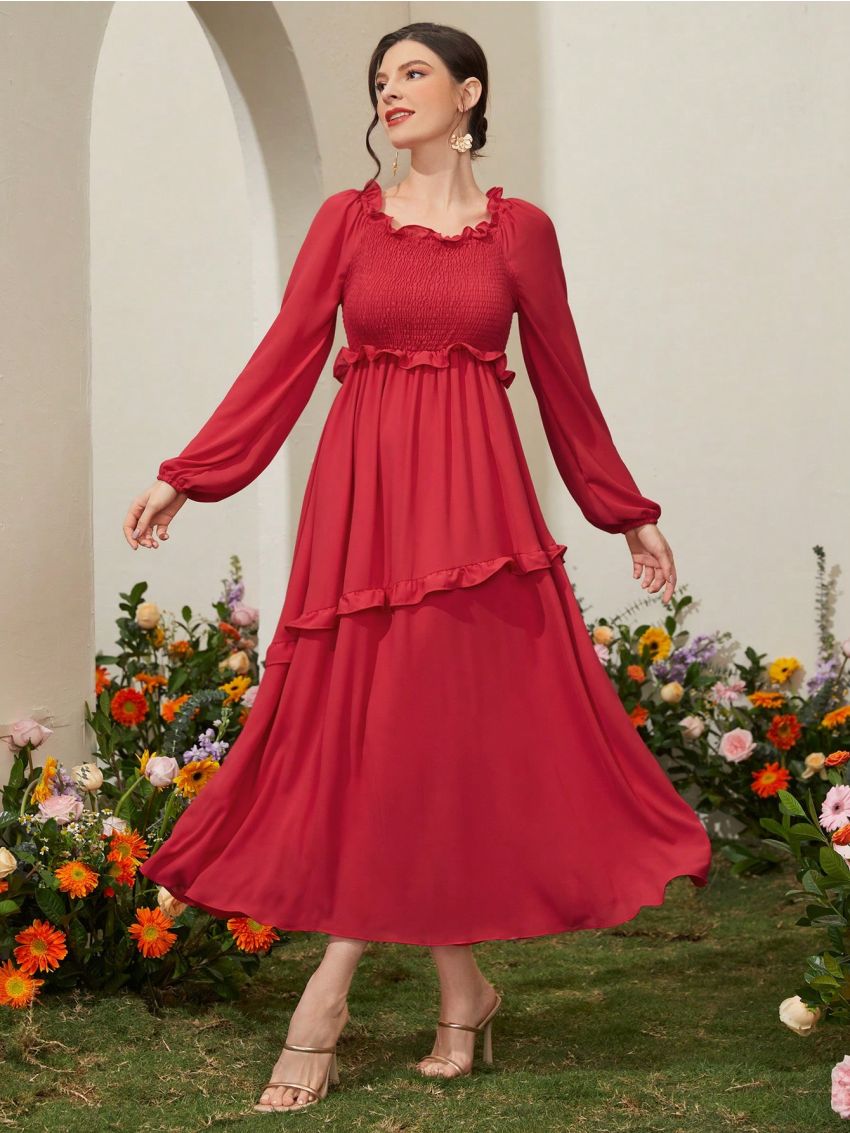 SHEIN Mulvari Women's Lantern Sleeve Dress With Plunging Neckline And Ruffle Trims