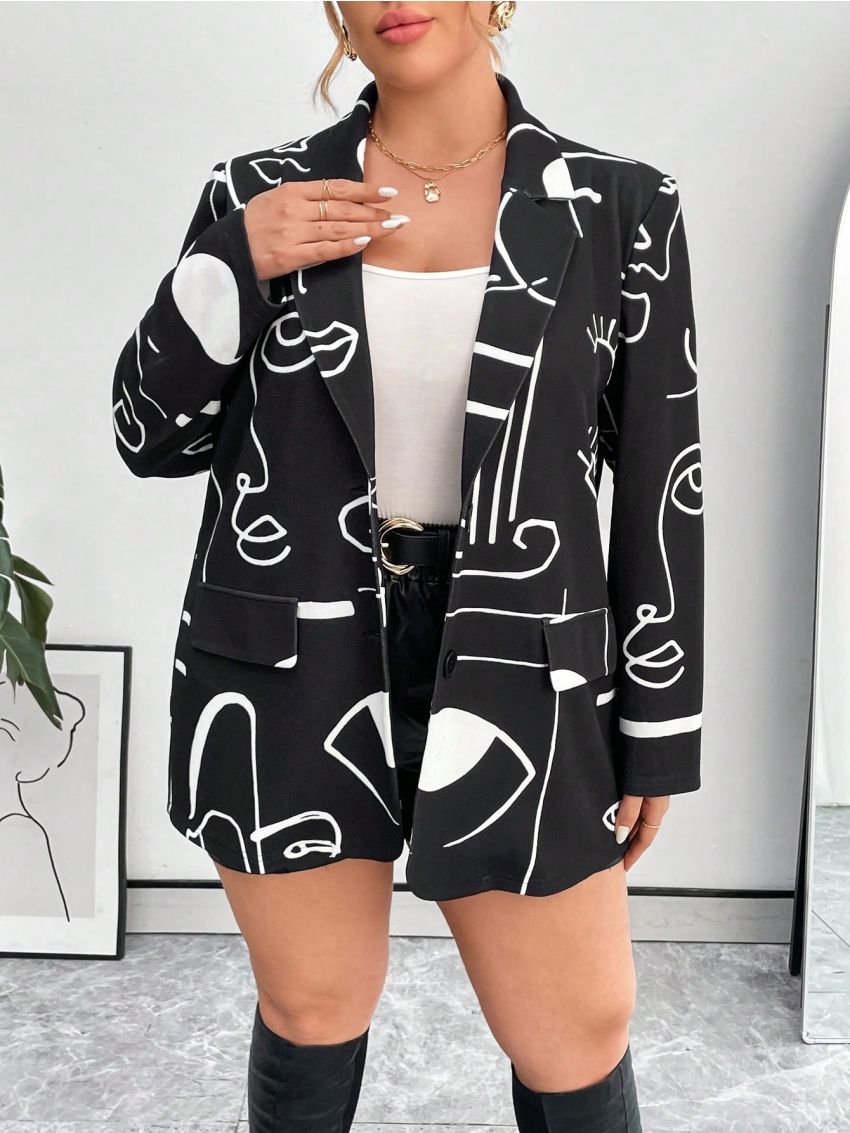 SHEIN Privé Plus Size Women's Eyelash Print Blazer Jacket