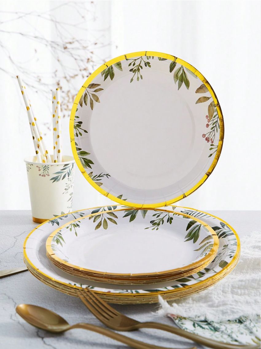 12pcs/set Plant Pattern Disposable Plate, Simple Disposable Paper Plate For Dinner Table