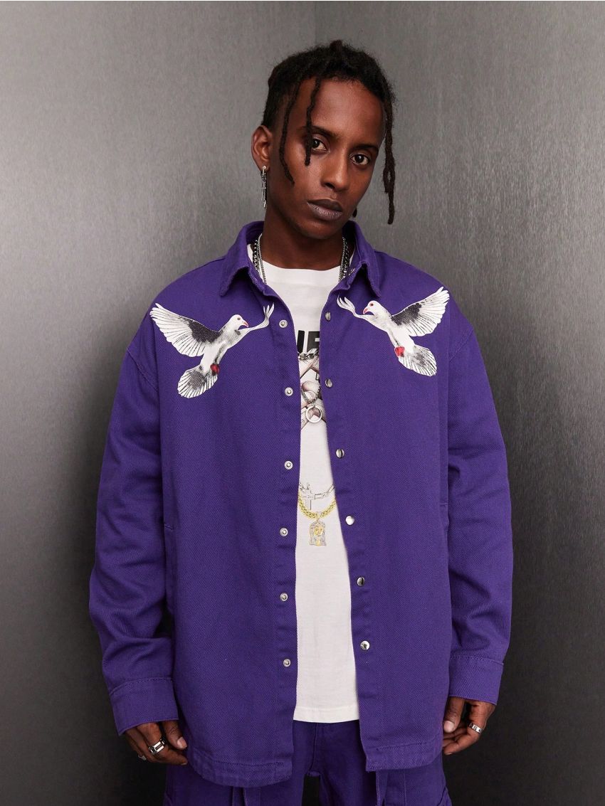 Men's Pigeon & Letter Printed Denim Shirt