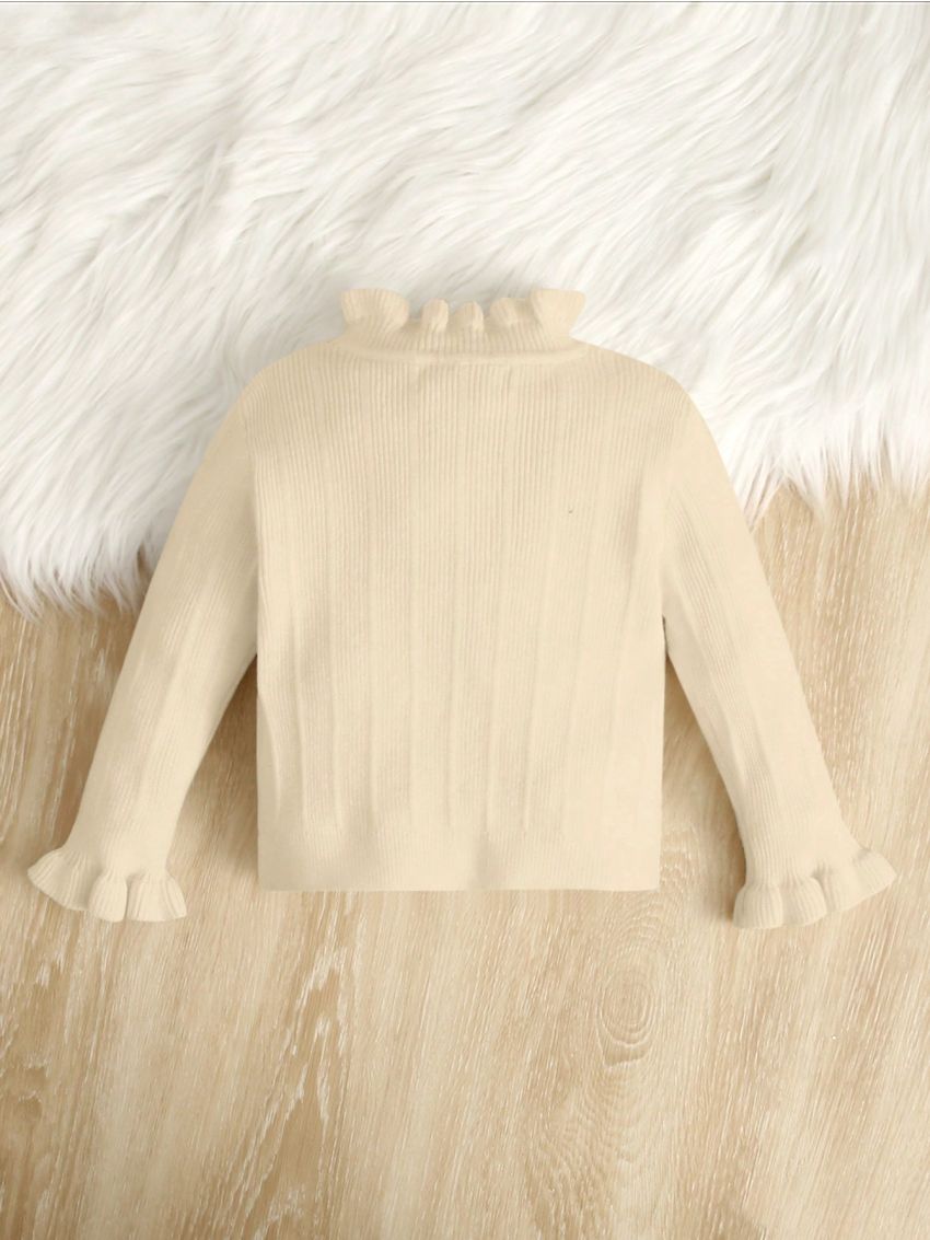 SHEIN Infant Girls' Long-sleeve Stand Collar Pullover Sweater With Cute Ruffled Trim