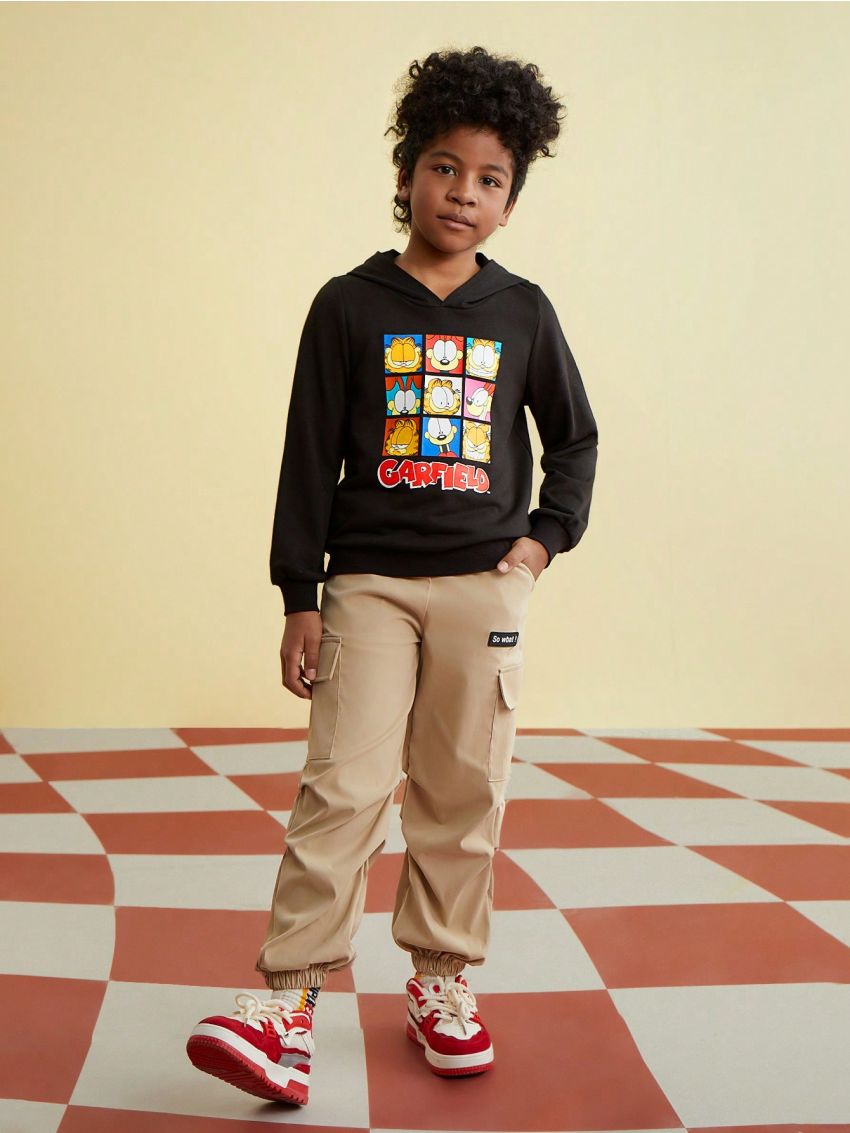 GARFIELD X SHEIN Tween Boy Cartoon Printed Hooded Sweatshirt