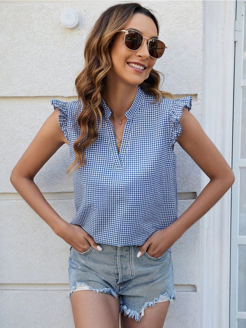 Women'S Two-Color Plaid Small Flying Sleeve Shirt