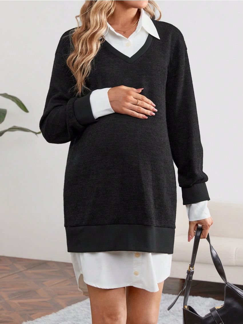 SHEIN Women's Color Block Lapel Neck A-line Dress