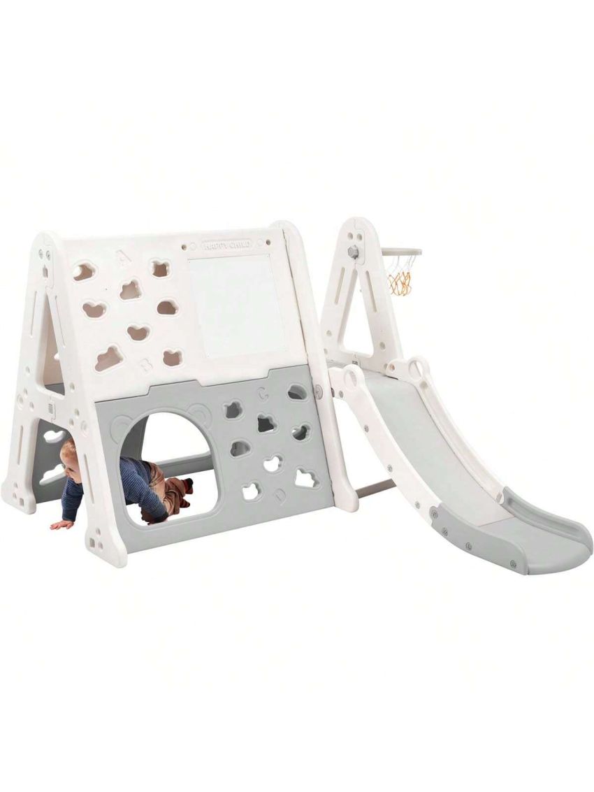 Merax 7-in-1 Toddler Climber and Slide Set Kids Playground Climber Slide Playset with Tunnel, Climber, Whiteboard, Toy Building Block Baseplates, Basketball Hoop Combination for Babies