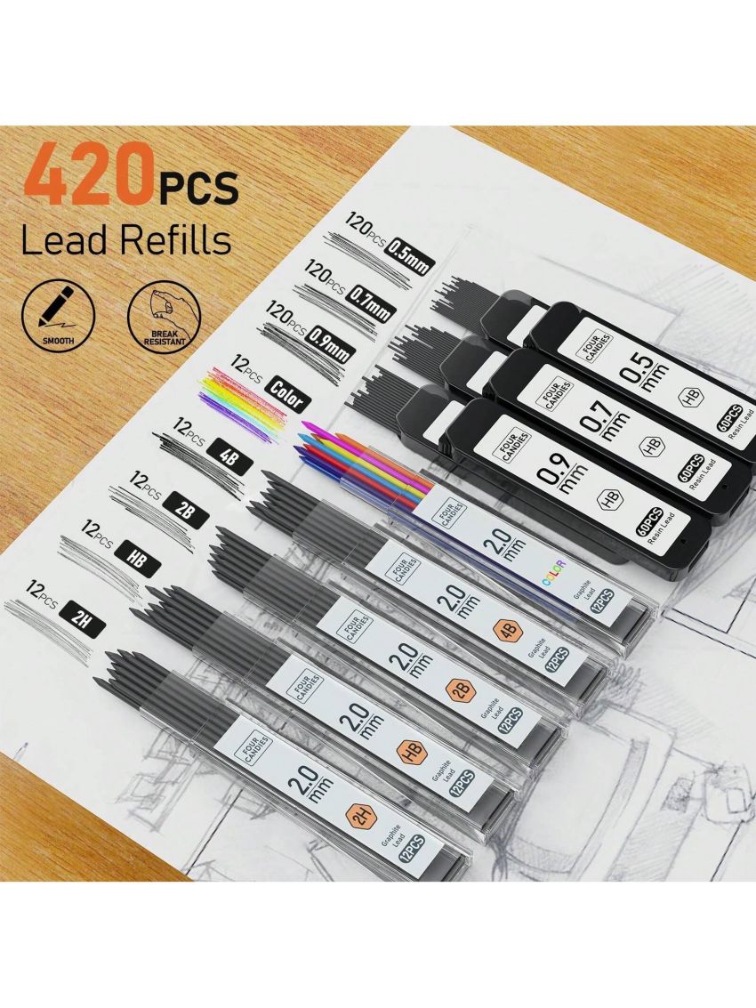 Mechanical Pencil Set Black, 3PCS Metal Lead Pencils 0.5, 0.7, 0.9MM & 2PCS 2MM Art Drafting Pencil Set (4B 2B HB 2H Color) with 420PCS Refills for Writing Sketching Drawing
