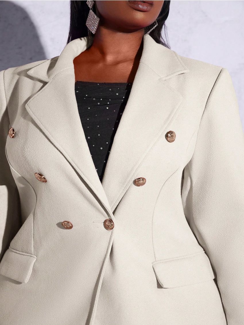 SHEIN Slayr Plus Size Women's Woolen Coat With Turn-down Collar And Double Breasted Buttons