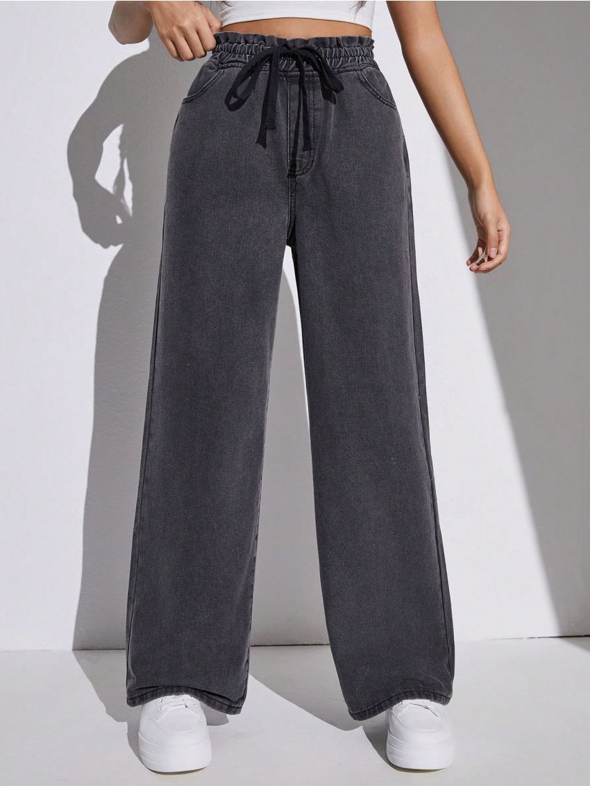 SHEIN Teen Girl Drawstring High Waist Slant Pocket Loose Fit Summer Jeans Wide Leg Denim Pants Grey Washed Baggy Jeans