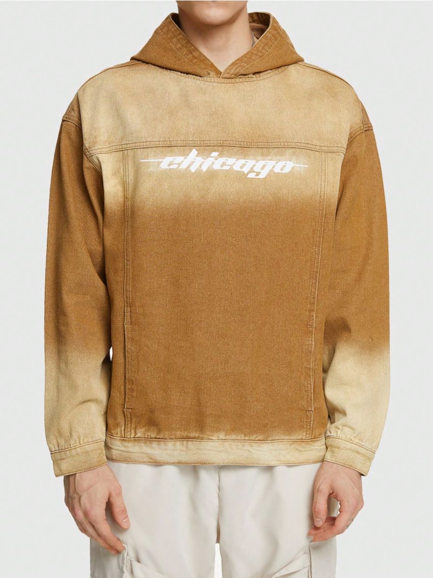 ROMWE Avant Men's Hooded Denim Jacket With Letter Print