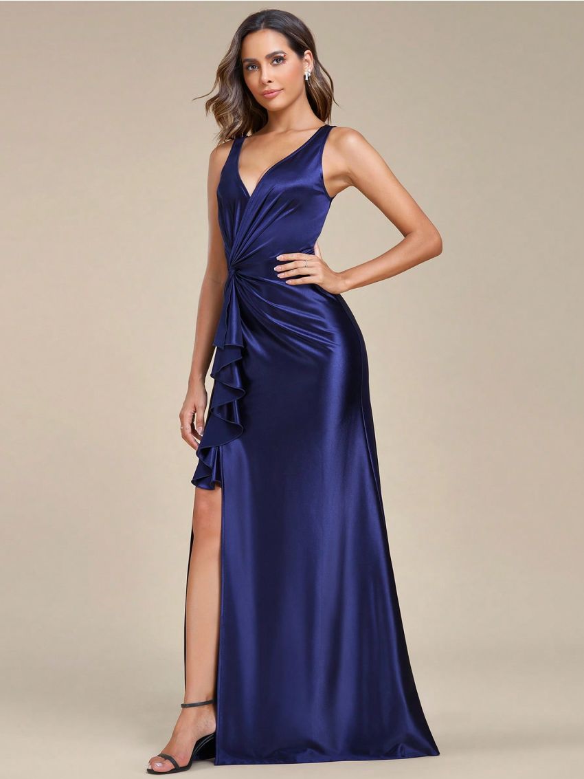 EVER-PRETTY Ruffle Trim Split Thigh Satin Maxi Dress