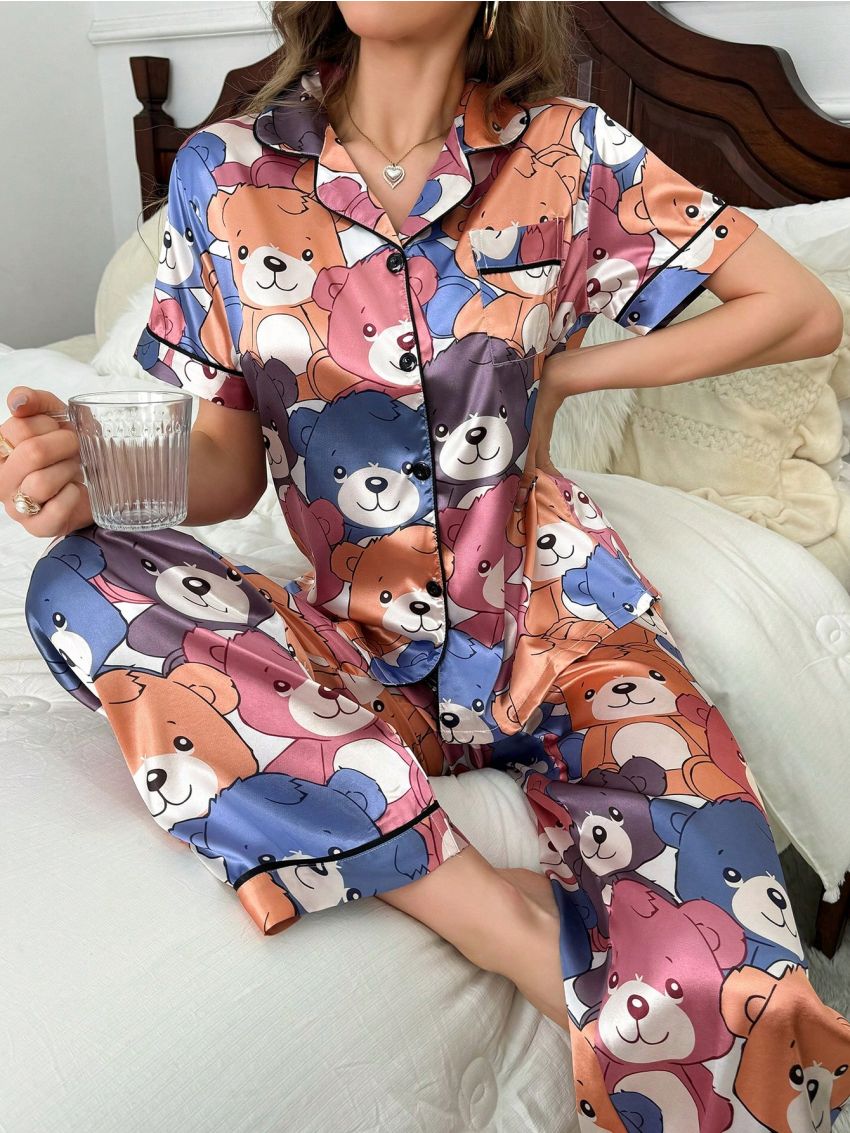 Color-Blocking Trimmed Bear Print Imitated Silk Pajama Set With Lapel Collar And Button-Front Design