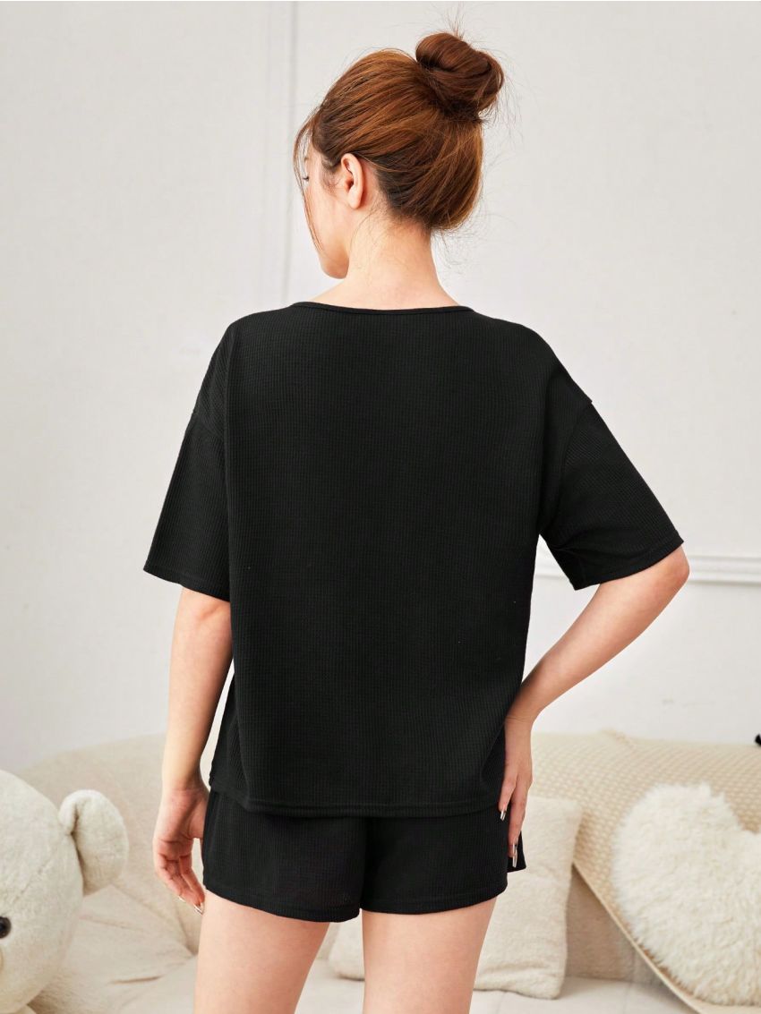 SHEIN Teen Girls' Knit Solid Round Neck Half-Placket Button Up Loose Fit T-Shirt And Shorts Pajama Set With Pockets