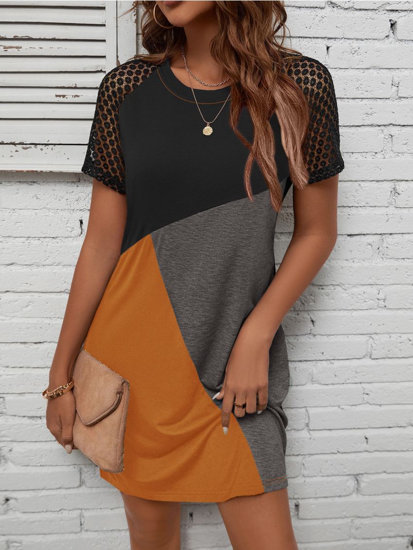 SHEIN LUNE Colorblock Contrast Lace Raglan Sleeve Tee Dress