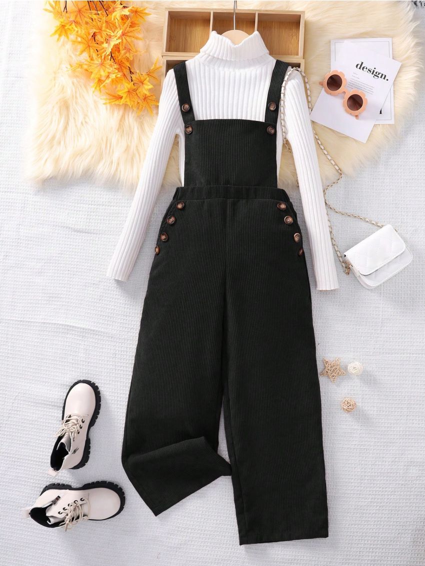 SHEIN Tween Girl 1pc Button Detail Overall Jumpsuit