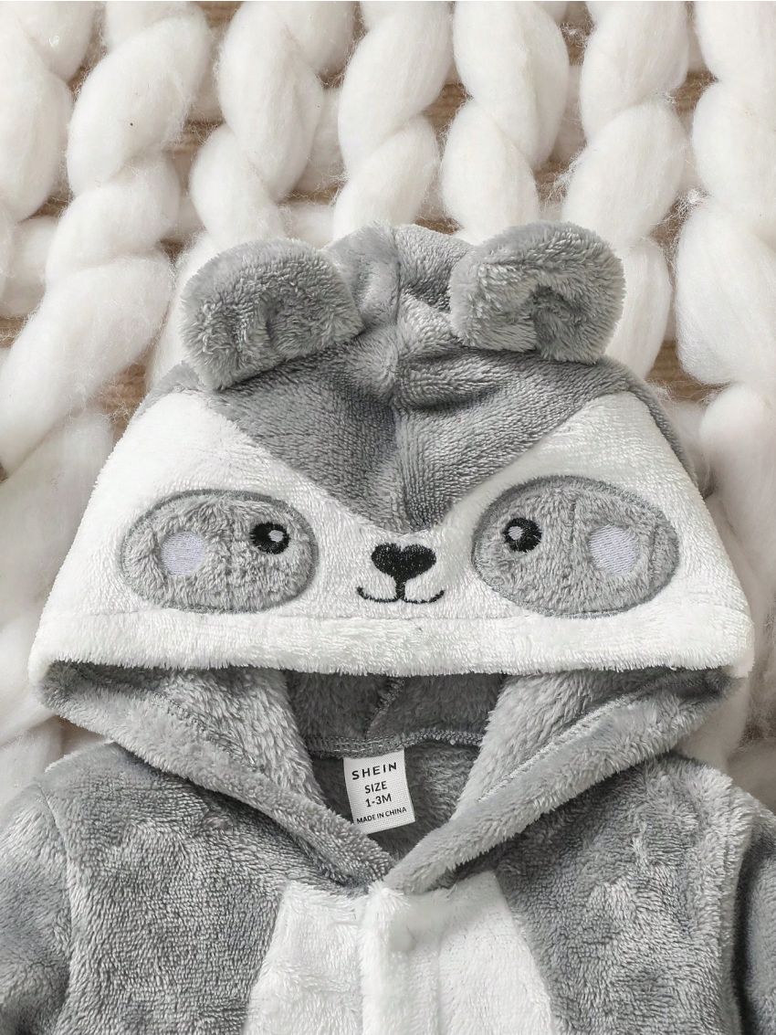 SHEIN Baby Boy's Koala Style Embroidered Hooded Flannel Jumpsuit Is Suitable For Everyday Autumn And Winter