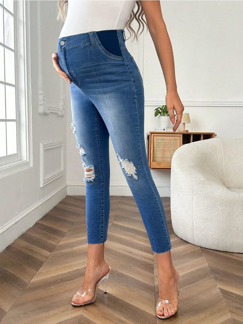 SHEIN Maternity Casual High Waist Slim Fit Irregular Cut Ripped Jeans