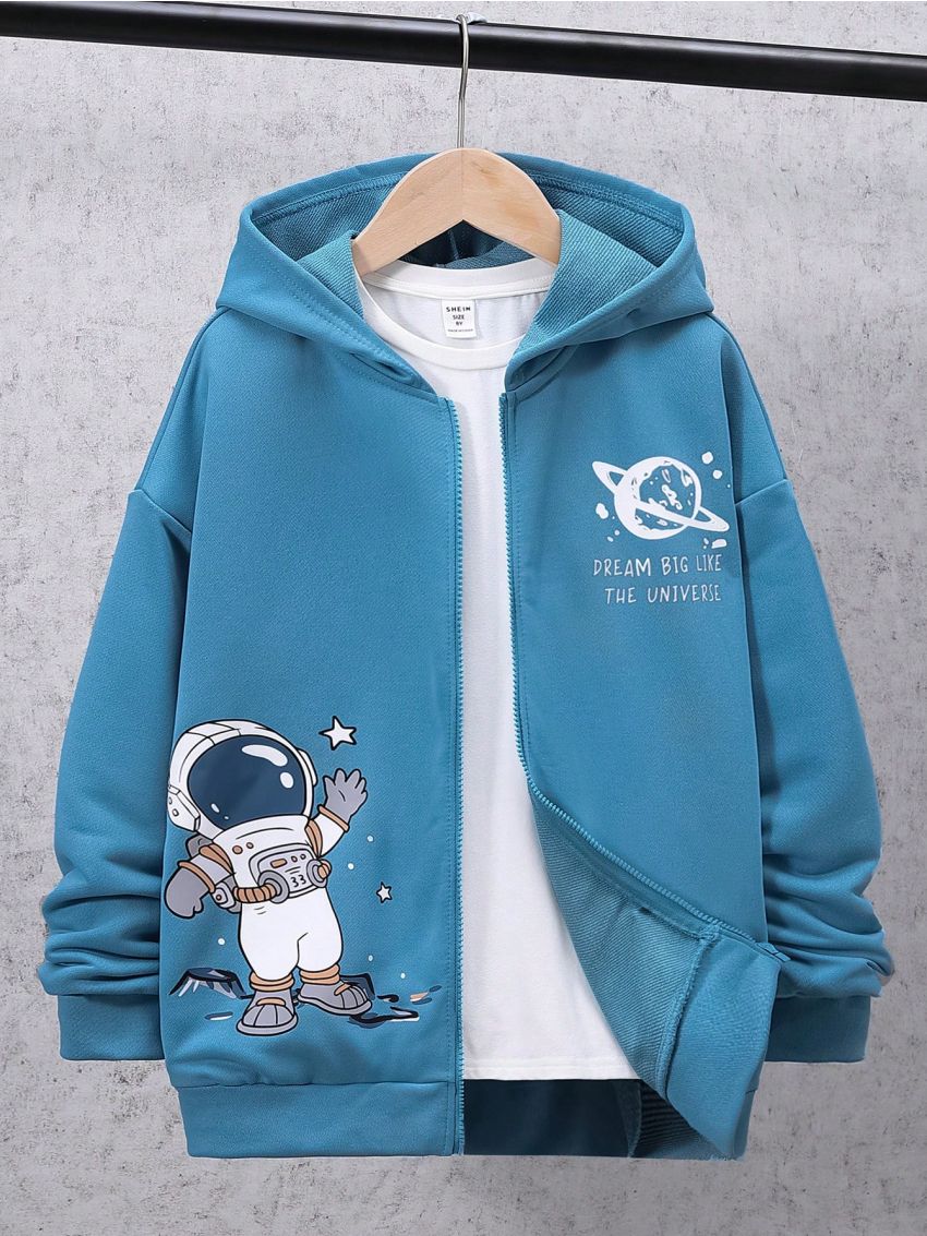 SHEIN Boys' Casual Hooded Zipper Knitted Sweatshirt With Printed Pattern