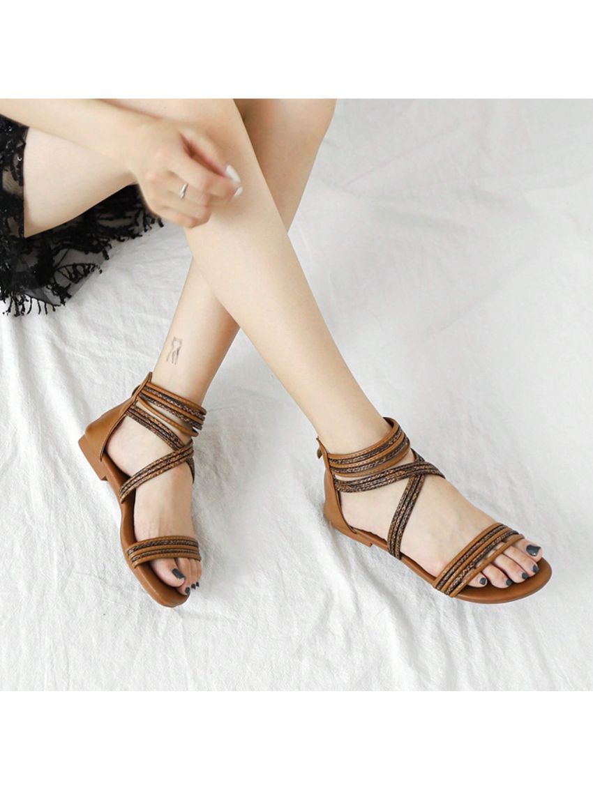 Women's With Zipper Gladiator Sandals Summer Flat Thong Cross Strappy Sandals Trendy Roman Shoes
