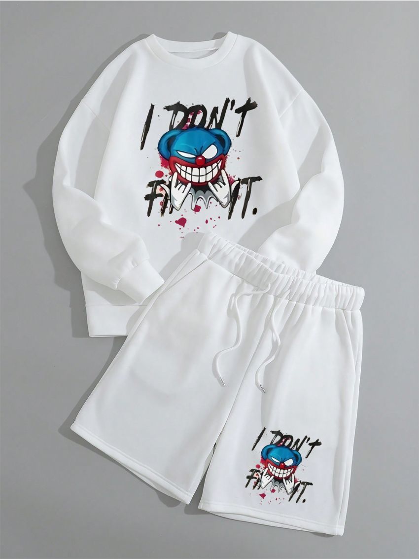 Men's Round Neck Casual Fashionable 2pcs/set Featuring Words And Cartoon Patterns