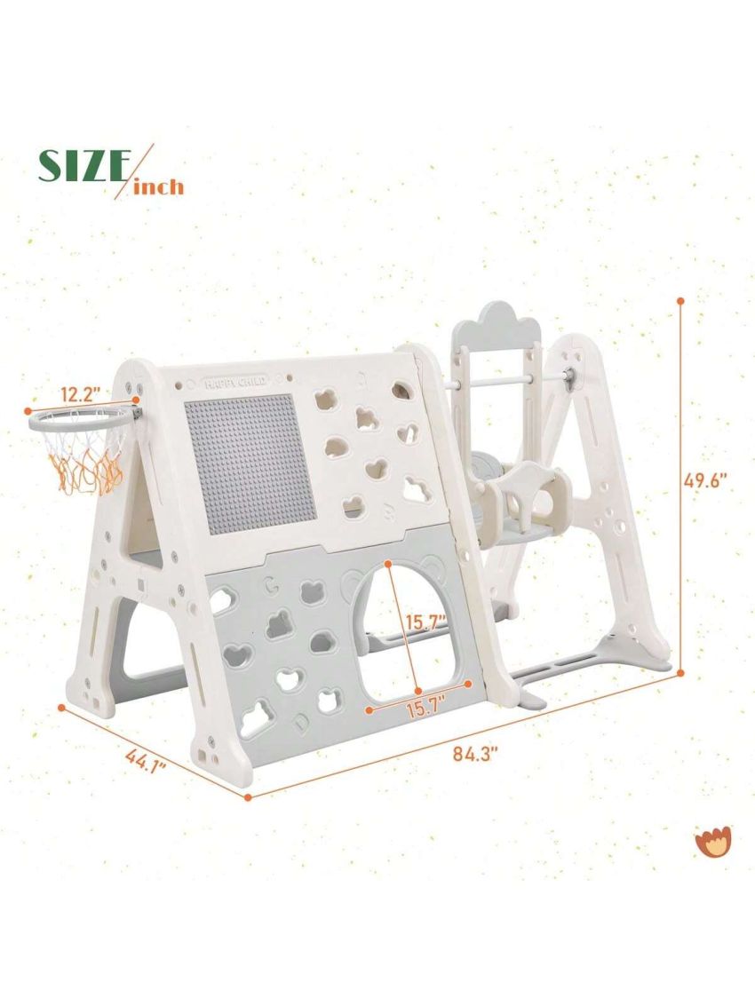 Merax 6-in-1 Toddler Climber and Swing Set Kids Playground Climber Swing Playset with Tunnel, Climber, Whiteboard,Toy Building Block Baseplates, Basketball Hoop Combination for Babies