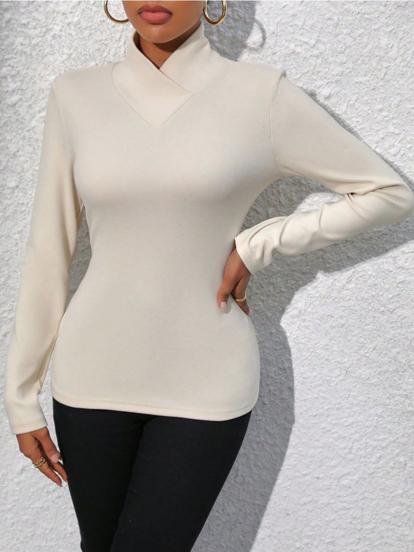 SHEIN Essnce Solid Overlap Neck Tee