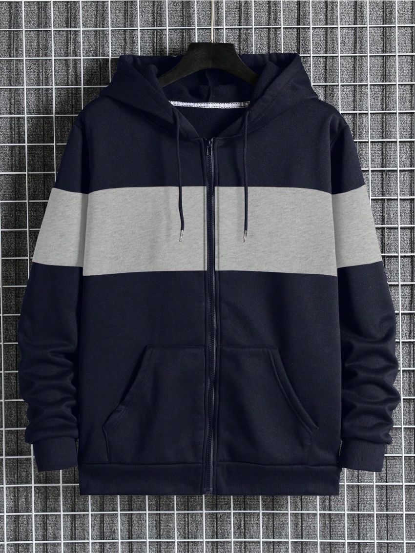 Men's Color Block Zip Up Hoodie With Drawstring