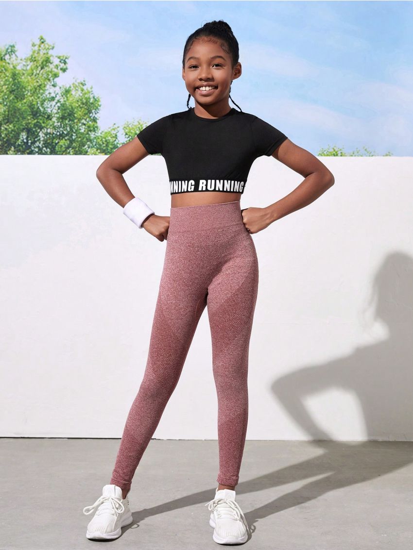 Tween Girls' Sports Brick Red Leggings, Suitable For Outdoor Sports, Fitness, Yoga And Aerobics