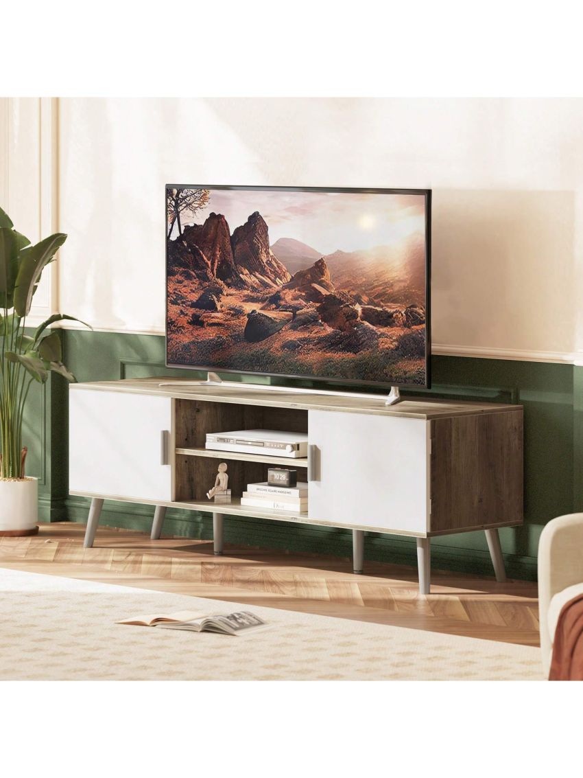 SUPERJARE TV Stand for 55 Inch TV, Entertainment Center with Adjustable Shelf, 2 Cabinets, Solid Wood Feet, 4 Cord Holes