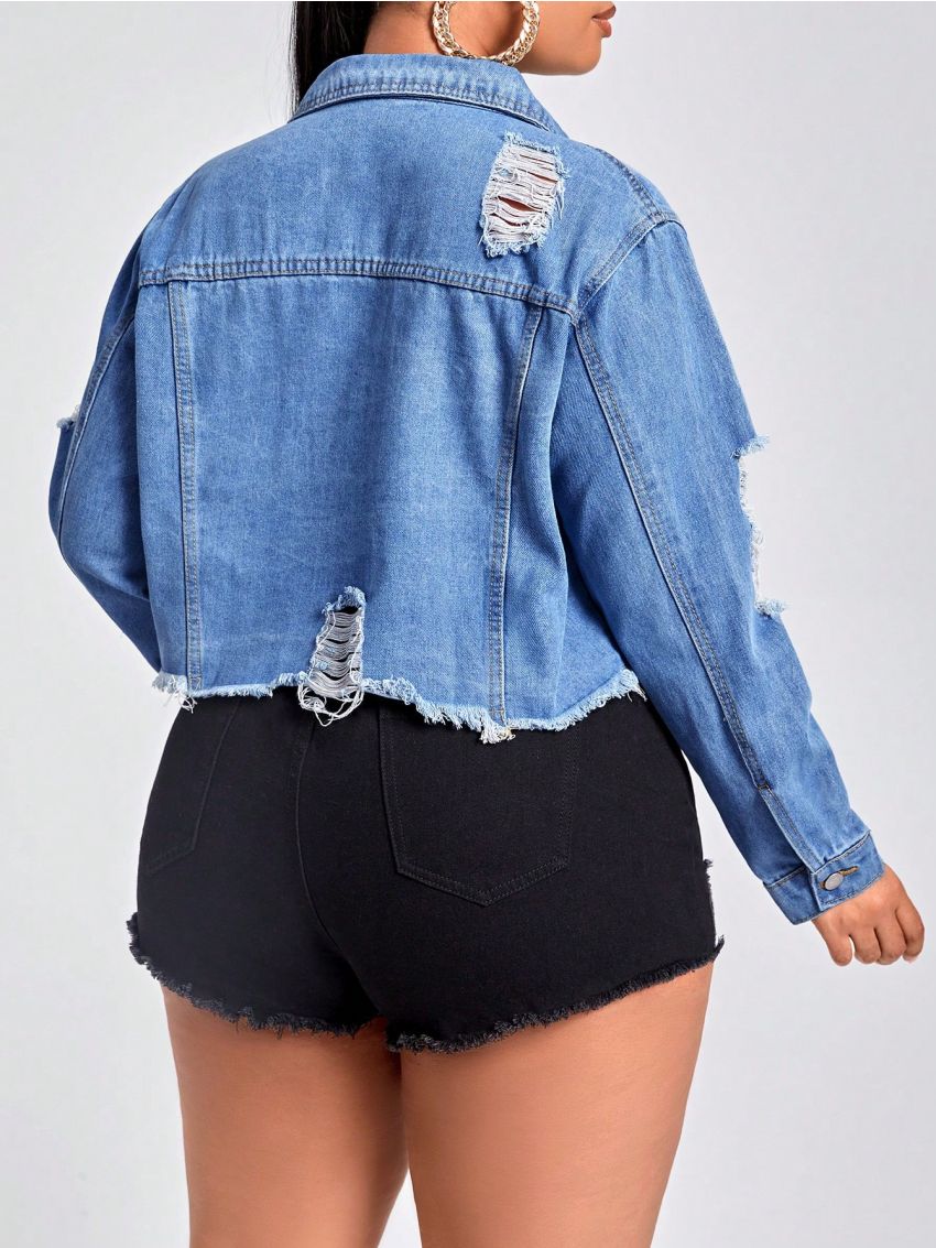SHEIN Privé Plus Size Ripped Detail Raw Hem Denim Jacket