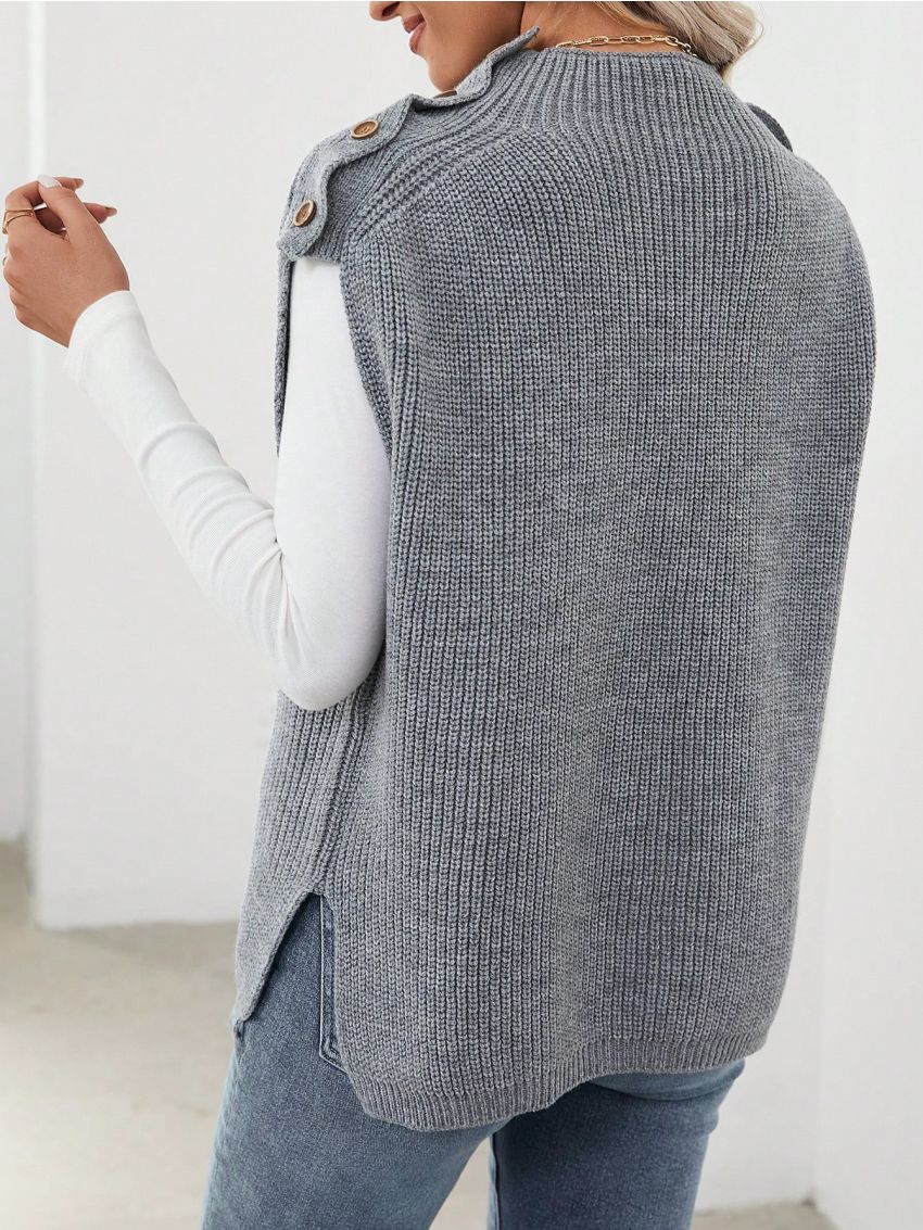 Button Decorated Stand Collar Sweater Vest